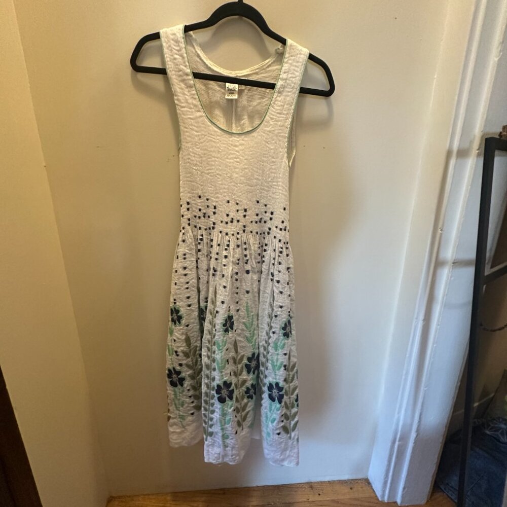 Sophie Max sleeveless white dress with blue and green floral embroidery, size L.